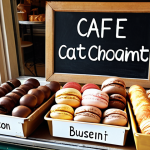 ** A Parisian boulangerie window display overflowing with colorful macarons, pain au chocolat, and freshly baked baguettes. Sunlight streams in, highlighting the golden crust of the bread. A small chalkboard sign advertises "Café au lait et croissant - 5€".

**