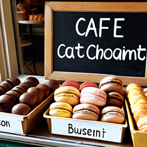 Home 4 ** A Parisian boulangerie window display overflowing with colorful macarons, pain au chocolat, and freshly baked baguettes. Sunlight streams in, highlighting the golden crust of the bread. A small chalkboard sign advertises "Café au lait et croissant - 5€".
**