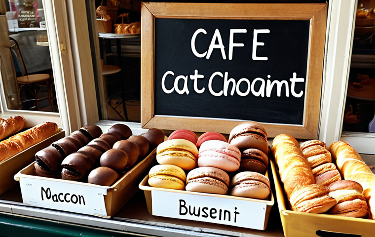 ** A Parisian boulangerie window display overflowing with colorful macarons, pain au chocolat, and freshly baked baguettes. Sunlight streams in, highlighting the golden crust of the bread. A small chalkboard sign advertises "Café au lait et croissant - 5€".
**