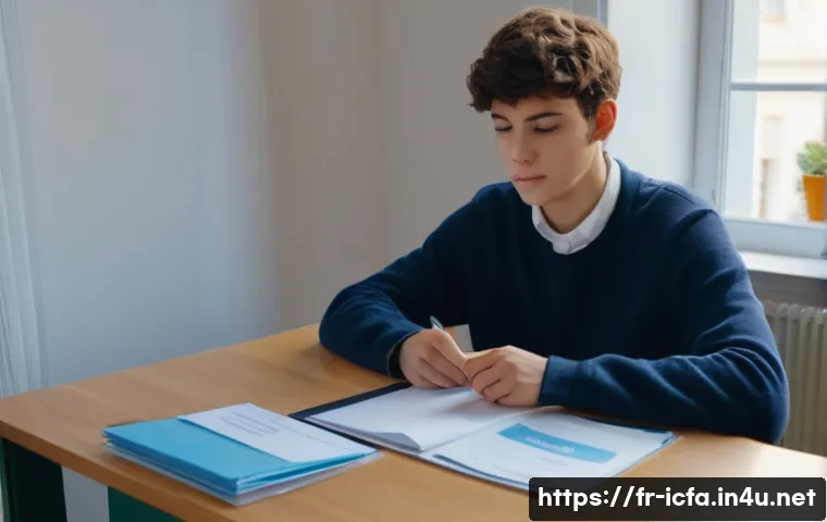 CFA 시험 당일 준비 사항 - A well-organized exam preparation scene showing a young French student sitting at a neat desk with e...