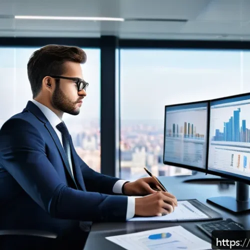 CFA와 실무 재무 관리 - A modern financial analyst in a sleek office environment, studying multiple large computer screens d...