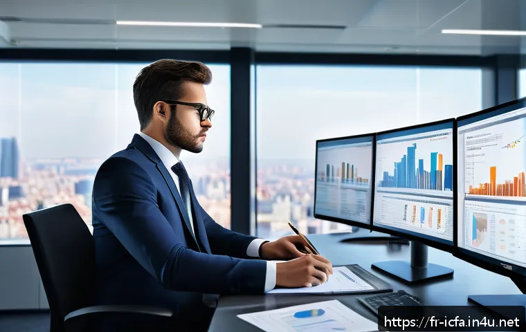 CFA와 실무 재무 관리 - A modern financial analyst in a sleek office environment, studying multiple large computer screens d...