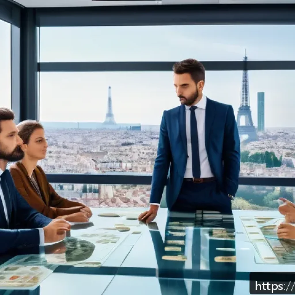 CFA와 기업 가치 평가 - A modern French financial analyst office scene showing a diverse team of professionals around a slee...