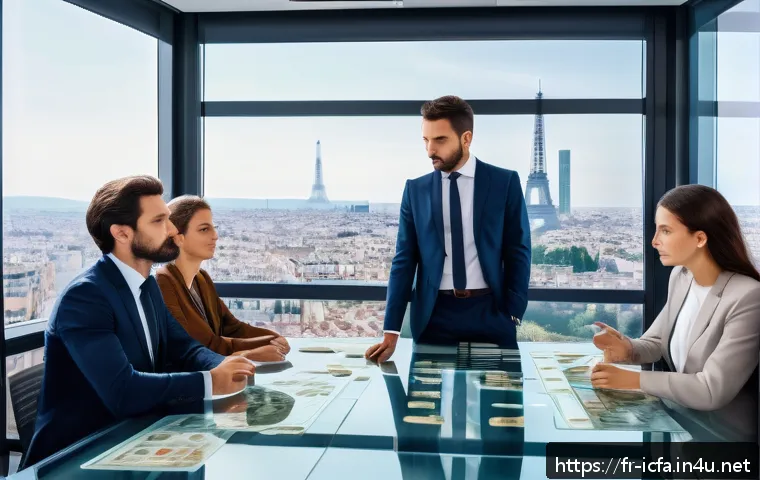 CFA와 기업 가치 평가 - A modern French financial analyst office scene showing a diverse team of professionals around a slee...