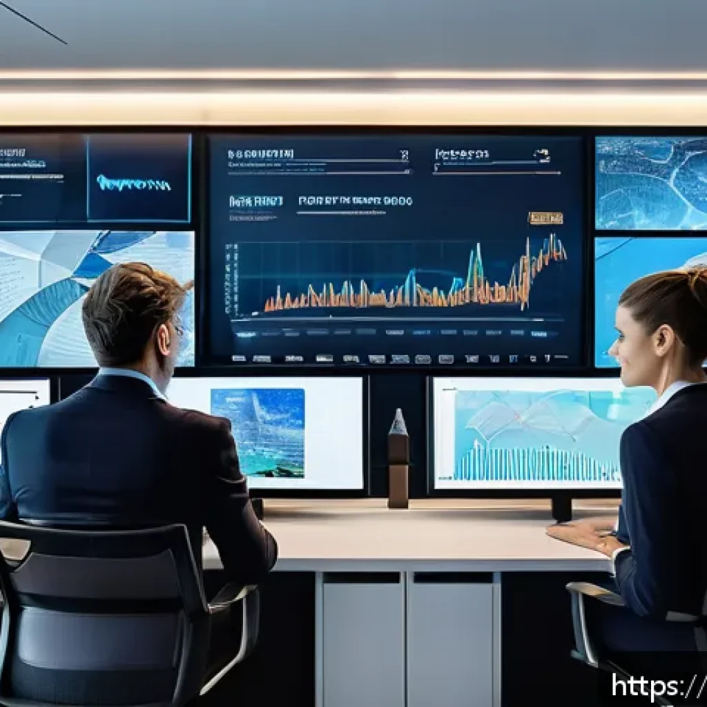 CFA와 블록체인의 활용 사례 - A futuristic financial control room with diverse professionals analyzing real-time blockchain data o...