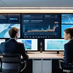 Home 23 CFA와 블록체인의 활용 사례 - A futuristic financial control room with diverse professionals analyzing real-time blockchain data o...