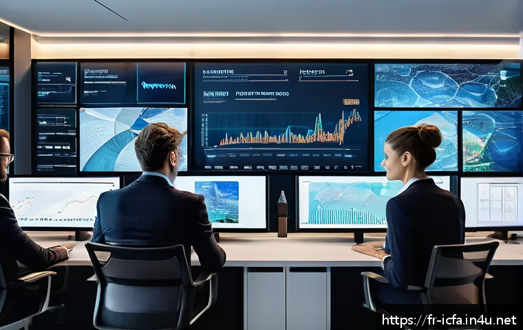 CFA와 블록체인의 활용 사례 - A futuristic financial control room with diverse professionals analyzing real-time blockchain data o...