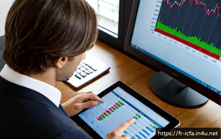 CFA로 분석하는 주식 시장 - Photorealistic French financial analyst in a modern Paris office, carefully comparing printed stock ...