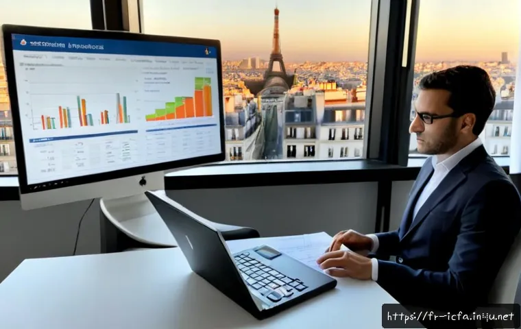 CFA와 빅데이터의 접목 - Photorealistic modern Paris financial office, a French investment analyst in smart business attire s...