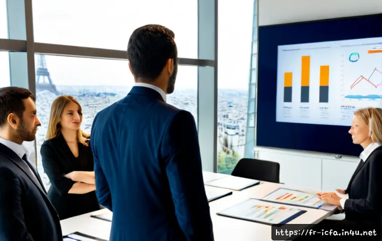 Home 15 CFA 취득 후 경력 발전 사례 - Photorealistic career advancement scene in a modern Paris investment office, confident French financ...